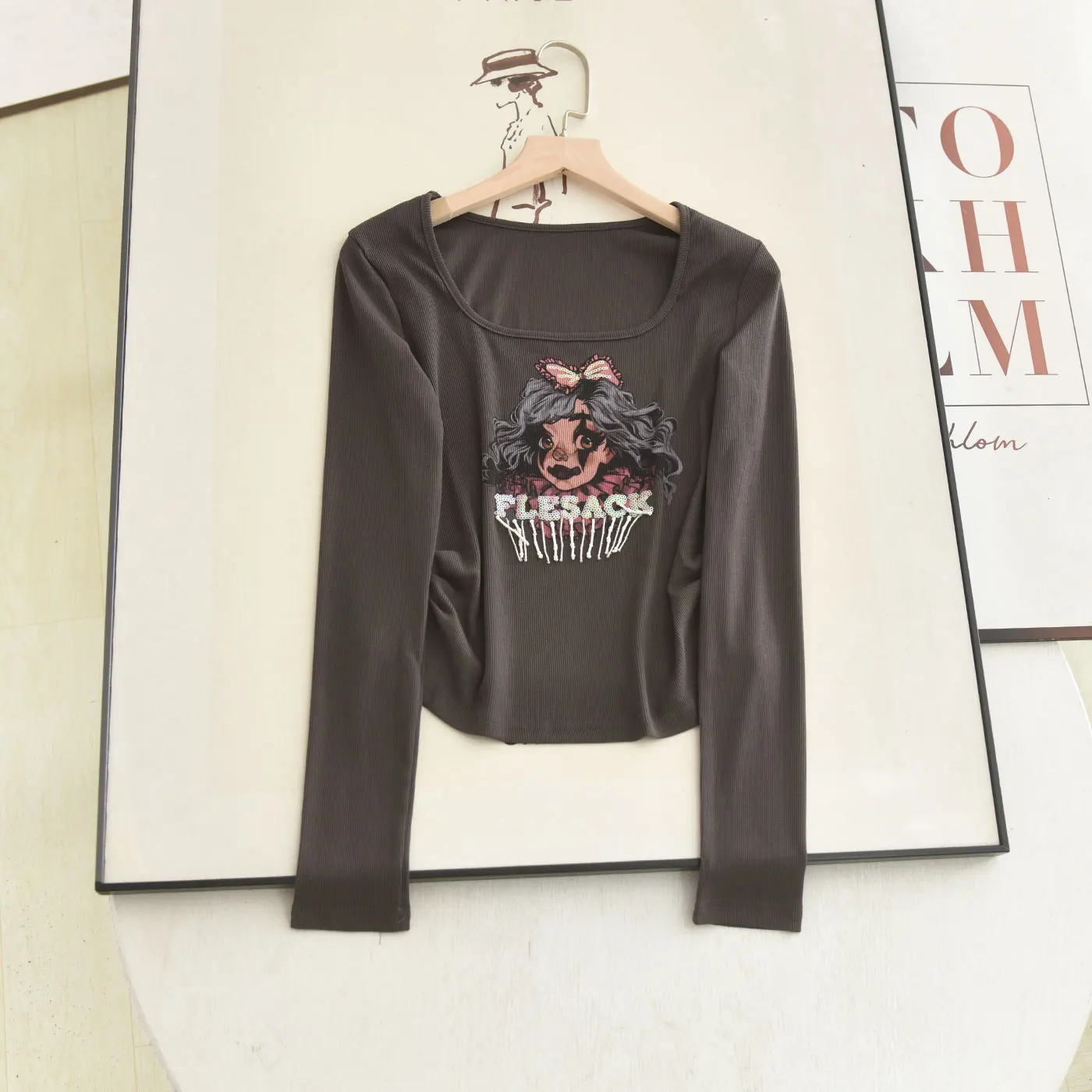 French Style Long Sleeve T-Shirt Women's Short Length Printed Design Bow Detail Collar Fashionable Casual Summer 2026