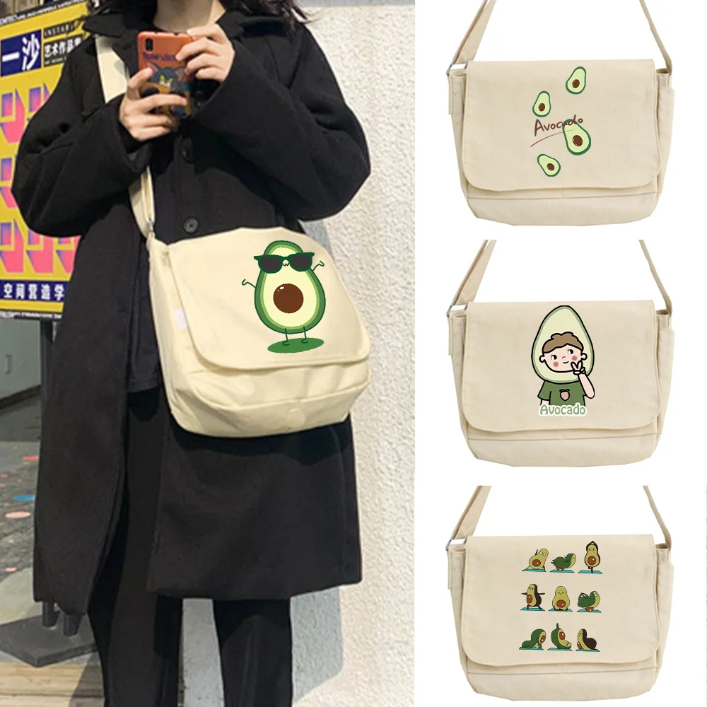 

2024 Women Crossbody Bags Student Style Harajuku All-match Canvas Shoulder Bag Casual Version Postman Case Avocado Print Handbag