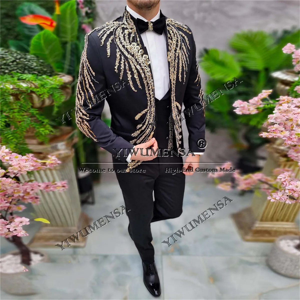 

Sparkly Crystals Beaded Wedding Suits For Men Italian Design Single Breasted Prom Blazer 3 Pieces Set Groom Tuxedo traje hombre