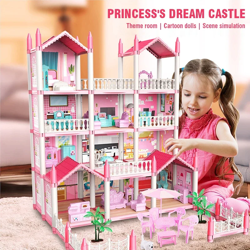Casa de muñecas grande, montaje Diy, Villa, Castillo de princesa con muebles, mascotas, casa de juego de imitación, juguetes para niñas, regalos de navidad