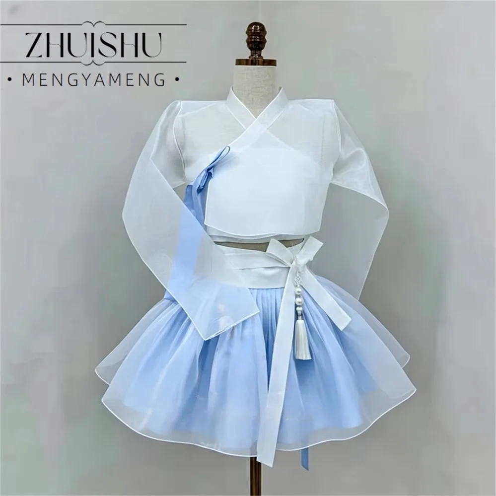 ZHUISHUI Korean Hanbok Mini Evening Dress Sheer Set 2 Piece Outfit Blue Party Dress Elegant Wedding Guest Dress Customized New