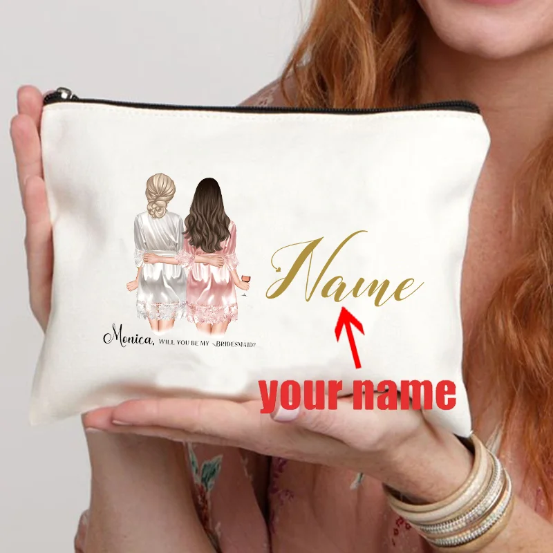 Bridesmaid Custom Name Gift Makeup Bag Personalized Wedding Gift for Team Bride Cosmetic Case Bachelorette Party Gift Girl Purse