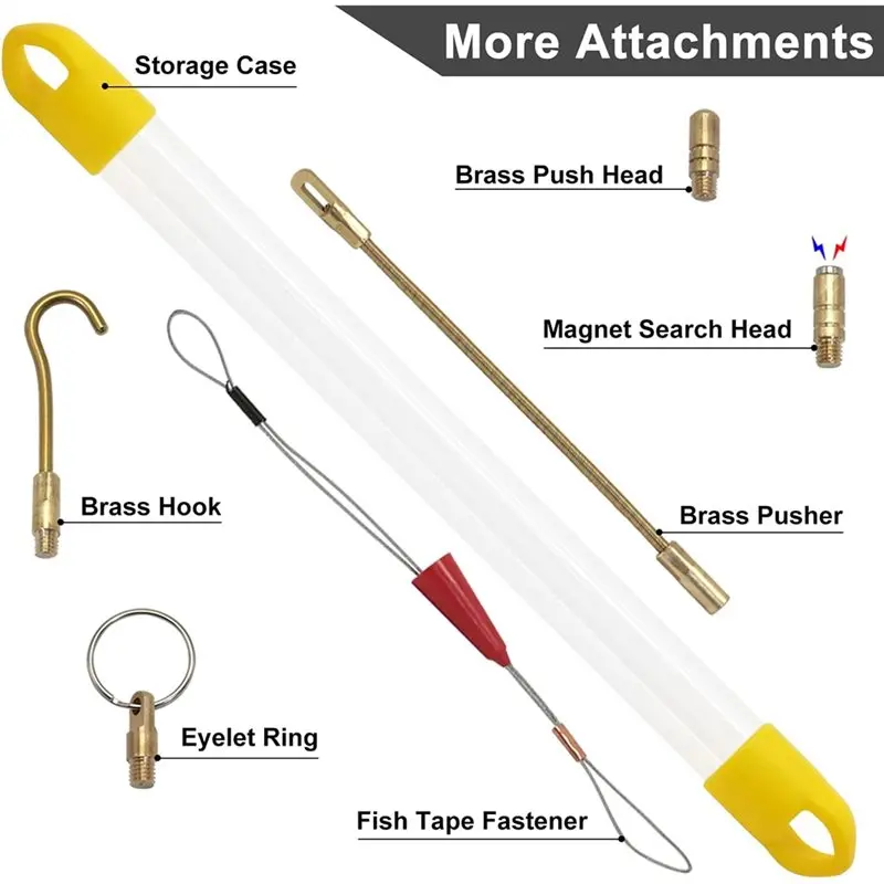 AAAF Fiberglass Running Fish Tape Tool Kit With 5 Attachments And Electrical Wire Cable Pulling Fish Tape