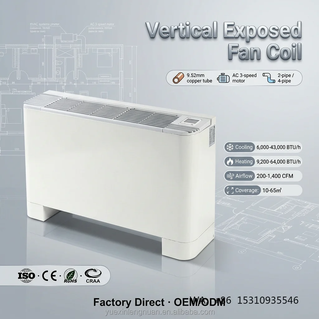 2-pipe Vertical Exposed 1400 CFM Large Airflow Fan Coil Unit with RS485 CE ISO RoHS for Hotels Water Cooling 6000-43000BTU