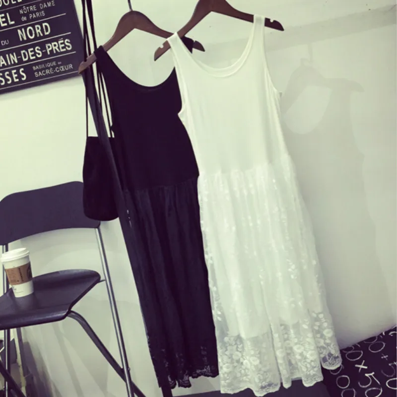 Spring Summer Sleeveless Dress Underwear Easy Match Lace Stitching Long Vest Loose Large Size Temperament Fashion Dress