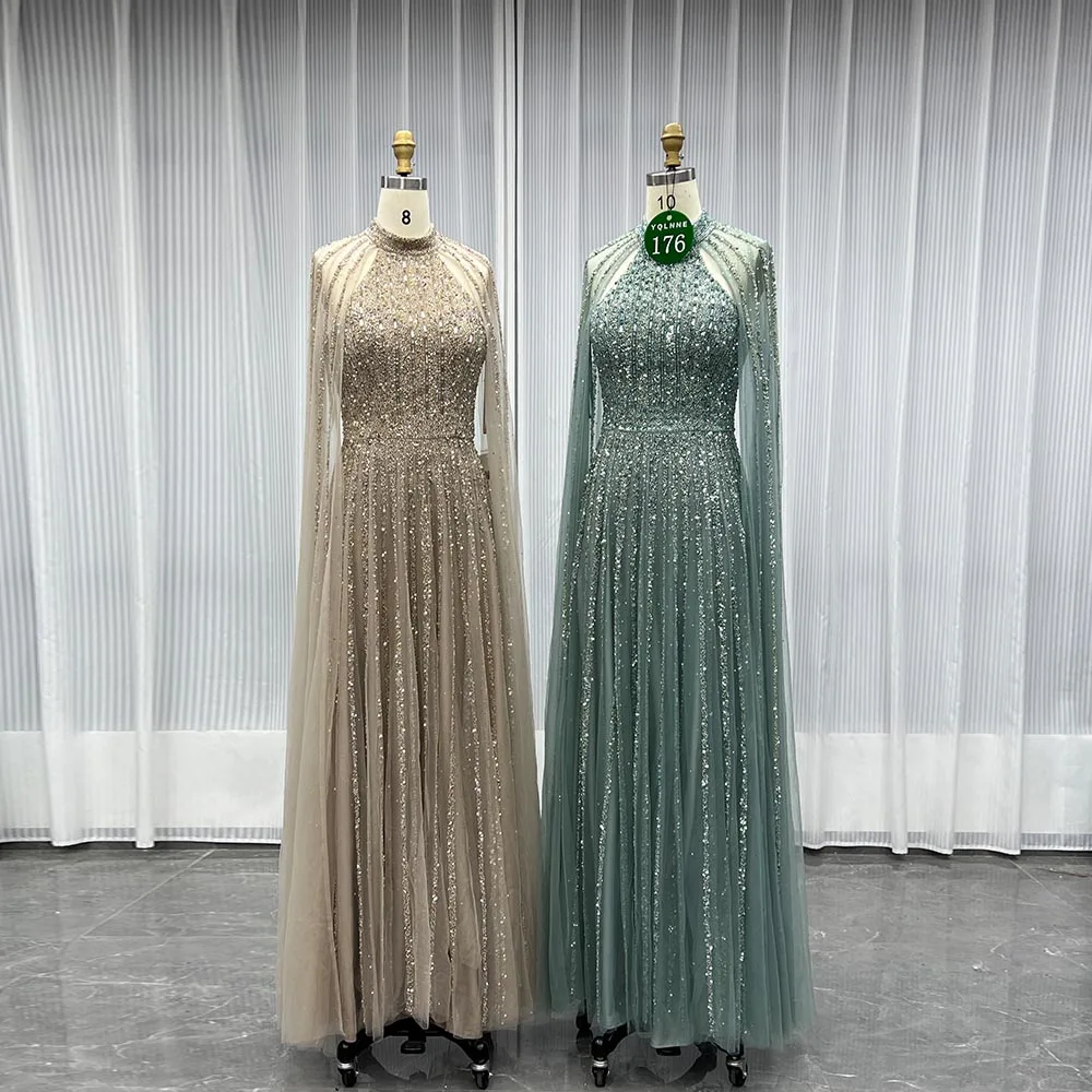 

YQLNNE 0176 Блестящие вечерние платья с кристаллами шалфея, зеленая накидка с рукавами, длинное вечернее женское платье Aline