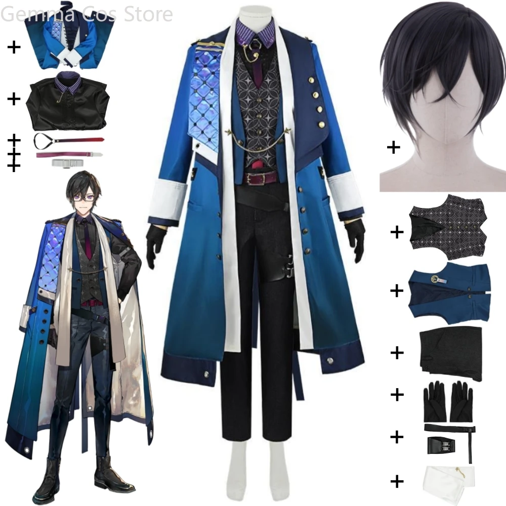 Youtuber Vtuber Shikinagi Akira Nijisanji Voltaction Cosplay Costume Wig Anime Blue Trench Man Woman Uniform Halloween Suit