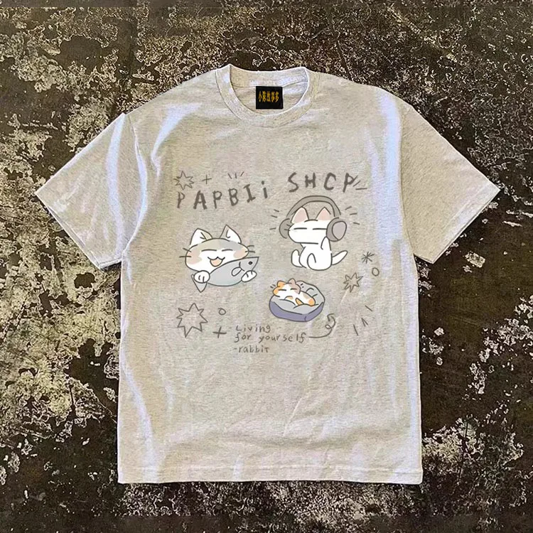Pure Cotton Double Thread Loose Fit Short Sleeve T-Shirt Unisex Breathable Comfortable American Retro Style for Couples