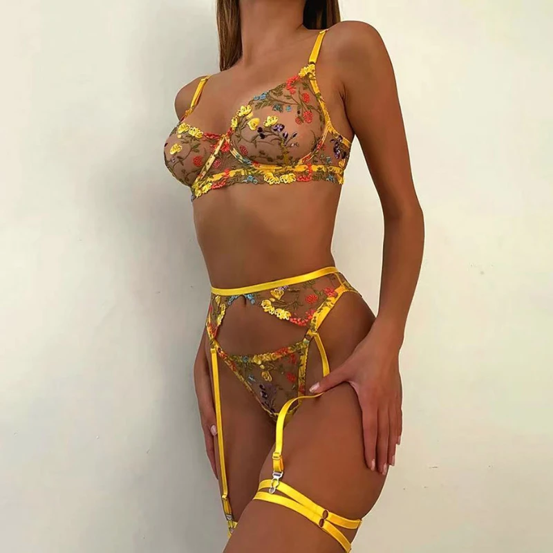 Sexy Bra And Panties Set Lingerie Yellow Embroidery Lace Transparent Women\'s Underwear Set Erotic Brief Set