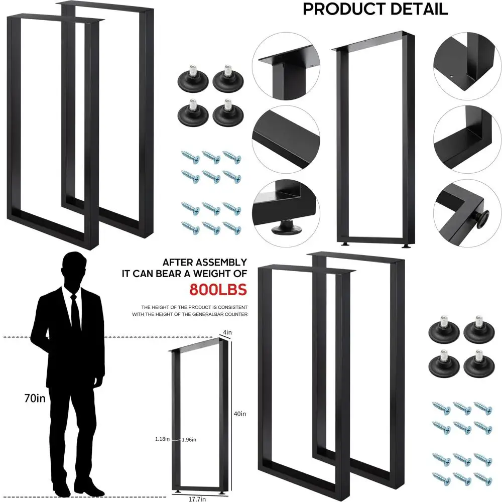 

Black Adjustable 40 Bar Table Legs with Non-Slip Pads for Home Desk or Dining Table, Set of 2