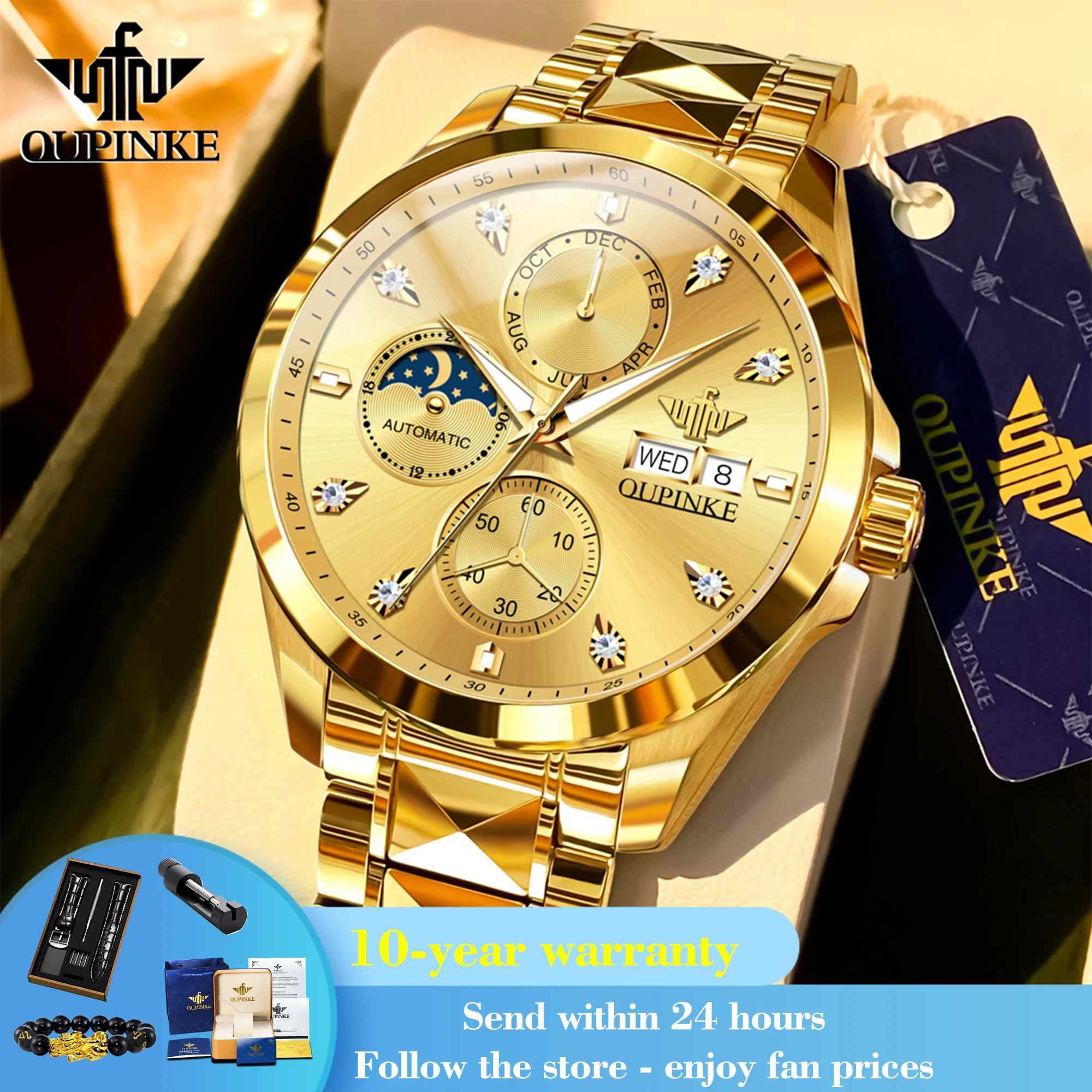 OUPINKE 3298 Moon Phase Automatic Watch For Men Luxury Original Mechanical Wristwatch Deep Waterproof Date Business Man Watches