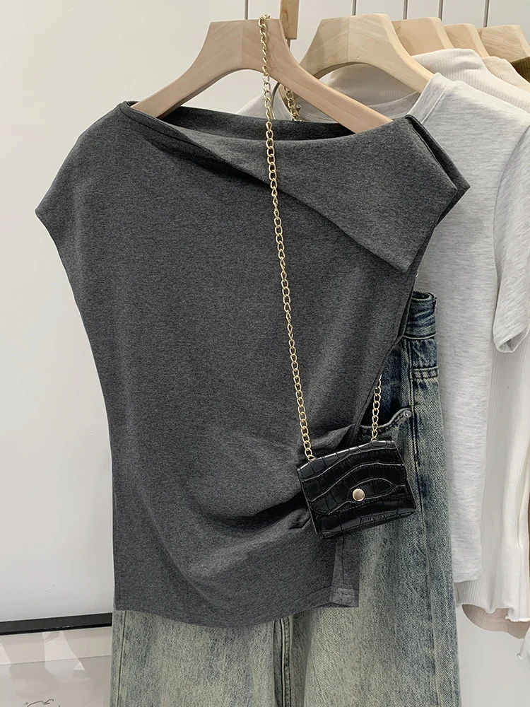 

Shoulder Bared Sleeveless T-Shirt Women's Advanced Design Short Sleeve Turn down Collar Top for Summer Commute Style Slim Fit