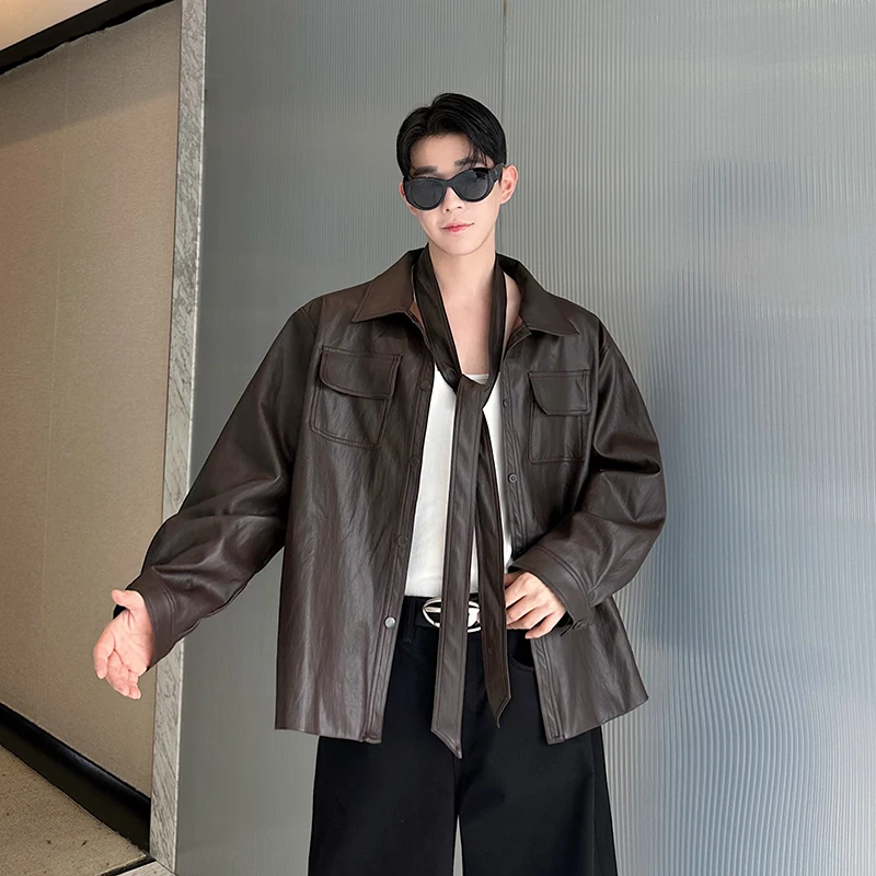 

Ultra-Light Soft Leather Jaet Men's Loose Fit Retro Sle ort Biker Jaet Protein Leather Coat Trendy Brand Youth Faion