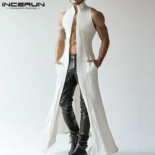 Imagen 2 del producto INCERUN Tops 2025 estilo americano moda hombres textura deconstrucción estilo largo cárdigan chalecos ropa de calle informal camisetas sin mangas sólidas