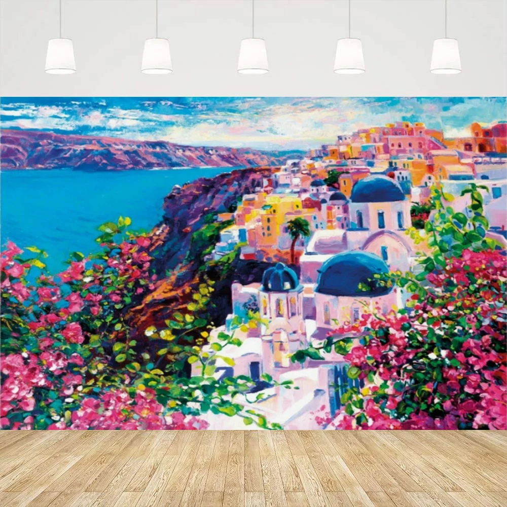 

Фон для фотосъемки с греческим городом, картина маслом, Остров Санторини, пейзаж, Греция, город, деревенский фон, баннер для дня рождения