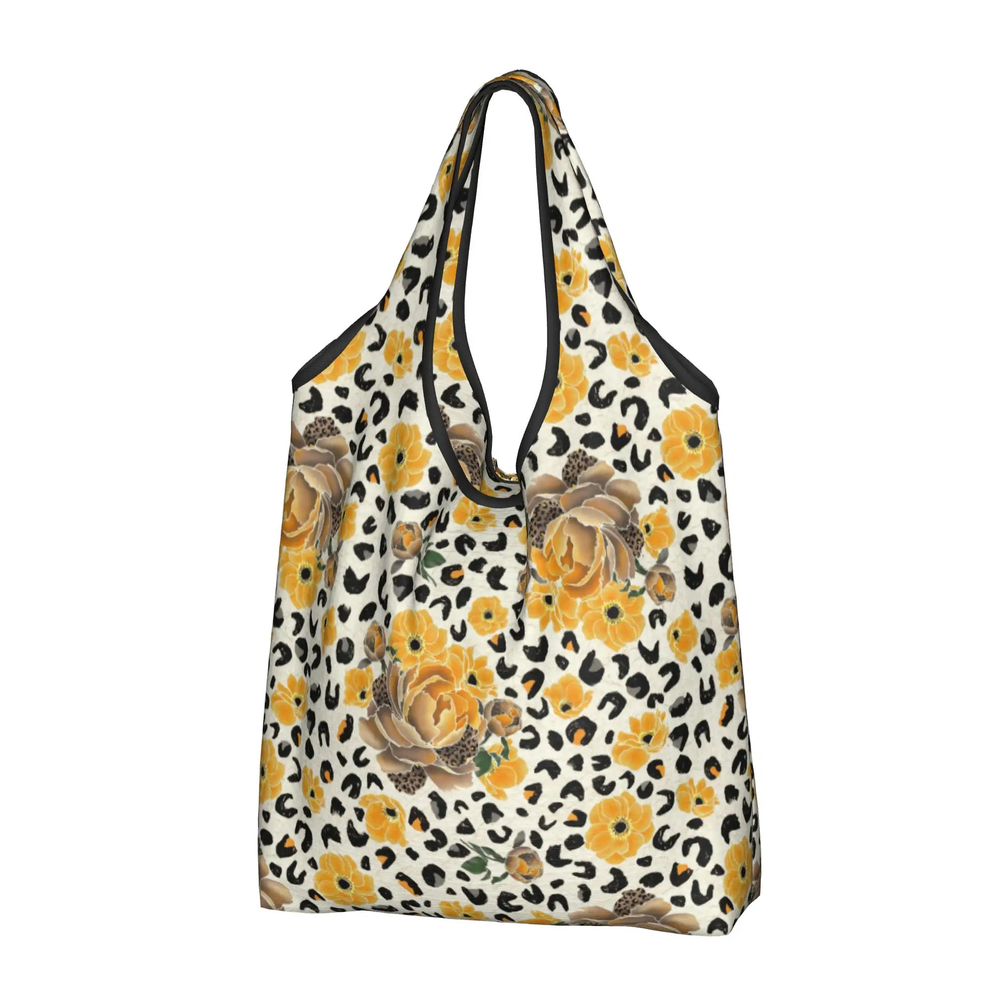 Recycling Floral and Leopard  Shopping Bag Women Tote Bag Portable Wild Bloom Yellow  Grocery Shopper Bags