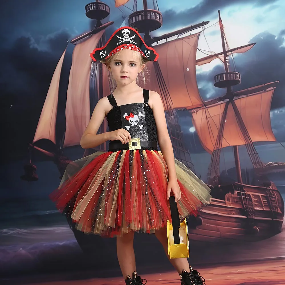 Children's Halloween Cosplay Pirate Captain Costume Carnival Kids Party Girl Skull Print Masquerade Tutu Dress Infants Ball Gown