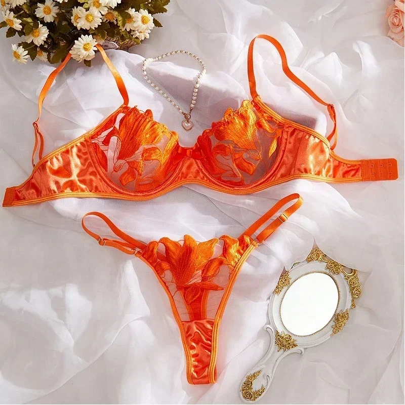 

Sexy Lingerie Women Beautiful Underwear Transparent Bra Kit Floral Embroidery Bilizna Set Three-point Intimate Female Underwear