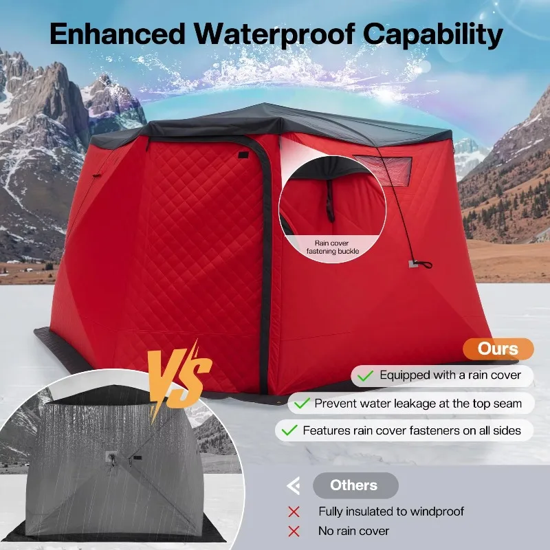 Insulated Pop-Up Ice Fishing Tent Steel Pole 4-10 Person Capacity 3-Layer Oxford Fabric Waterproof Cover
