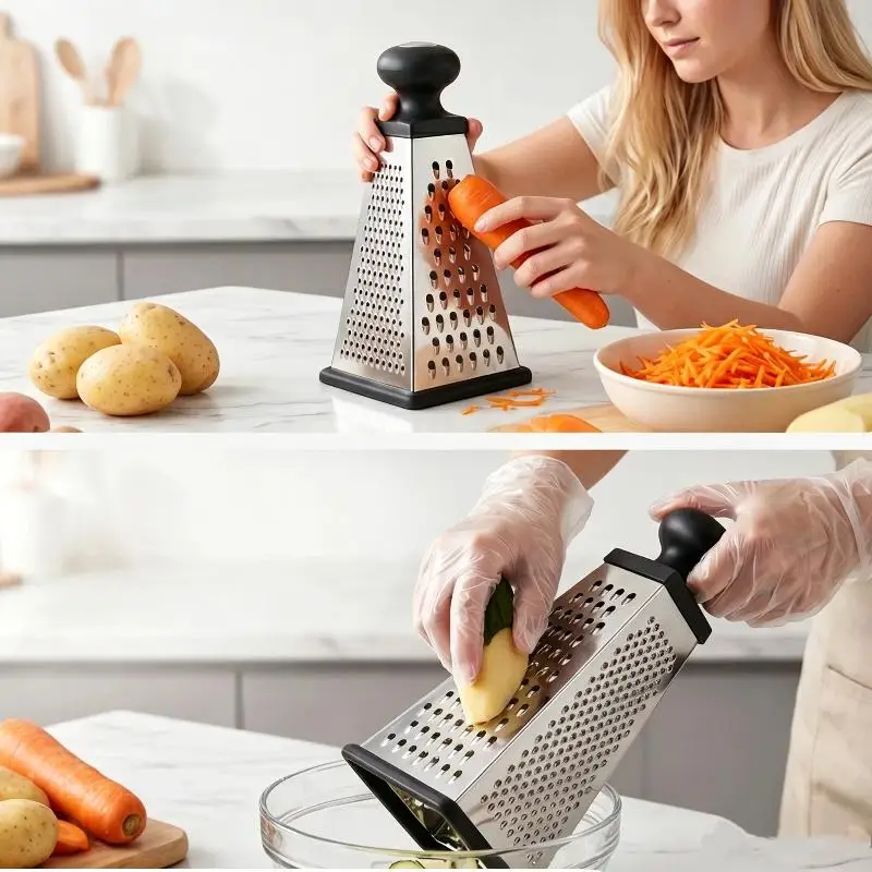 【HG】Stainless Steel 4 Sided Pyramid Grater With Non Slip Handle Perfect For Home Kitchen Shred Cheese Vegetables Potato Carrot