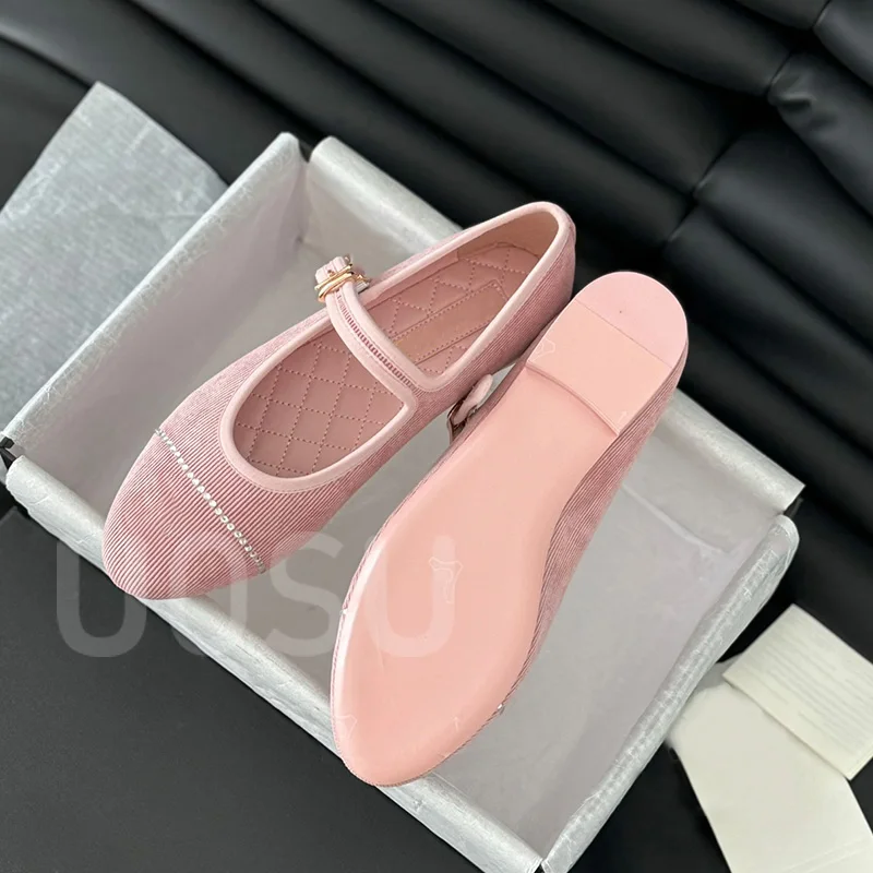 2024 New Designer Women Flats Luxury Crystal Corduroy Mary Jane Ladies Shoes Sheepskin Over Mouth Ballet Dress Shoes Banquet