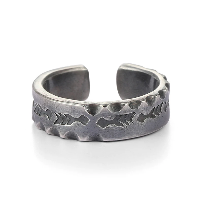 New in Irregular Carving Fishbone Pattern mens rings Retro silver 925 Texture Unique Arrow Ring Adjustable Party Jewelry Gift ﻿