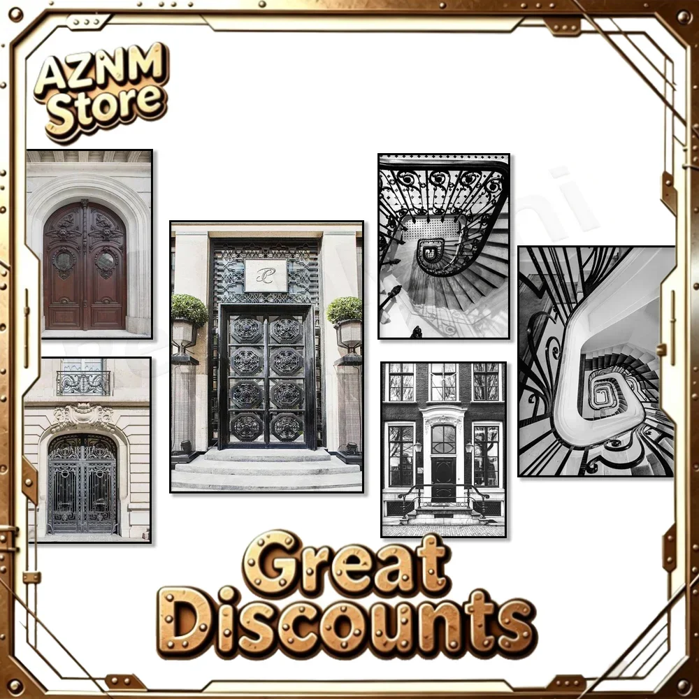 (2D canvas painting)  French architecture print, Amsterdam gate, Paris black and white spiral staircase, Le cast iron gate, P