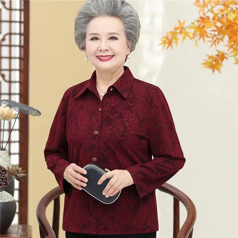 Elderly Women Blouses Autumn Old-age Mother Tops Long Sleeve Printed Shirt Grandmother Spring Thin Cardigan Coat W707