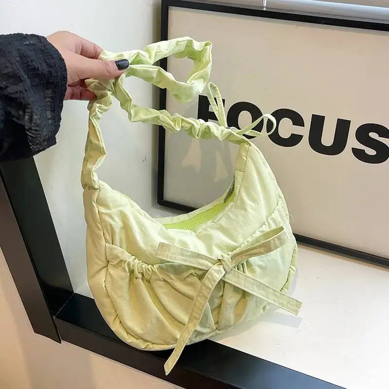 Y2k エステティック オールマッチ シンプル ショルダーバッグ レディース プリーツリボン カジュアル ソリッド ストリートウェア ヴィンテージ アンダーアームバッグ トレンディ