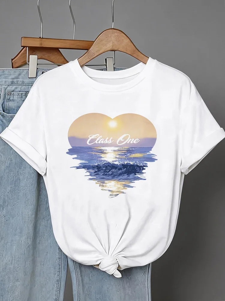 Heart Shape with Sunset As Background Print Graphic T Shirt Women's Short Sleeve T-shirt Casual Graphic Tees Tops Clothes Female