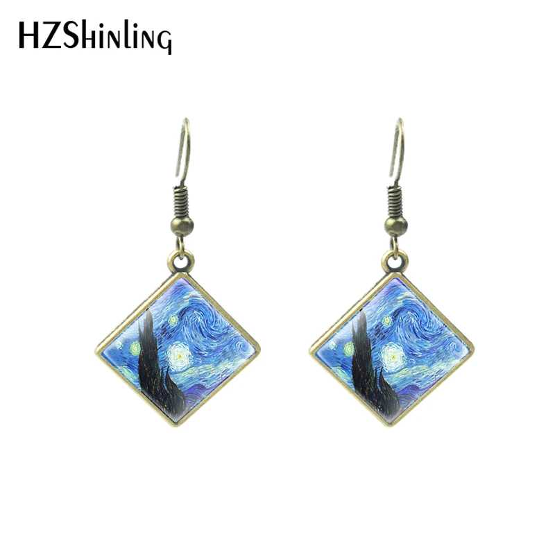 2020 New Van Gogh Paintings Hook Earring Sunflowers Rhombic Earring Handmade Glass Cabochon Iris Photo  Jewelry
