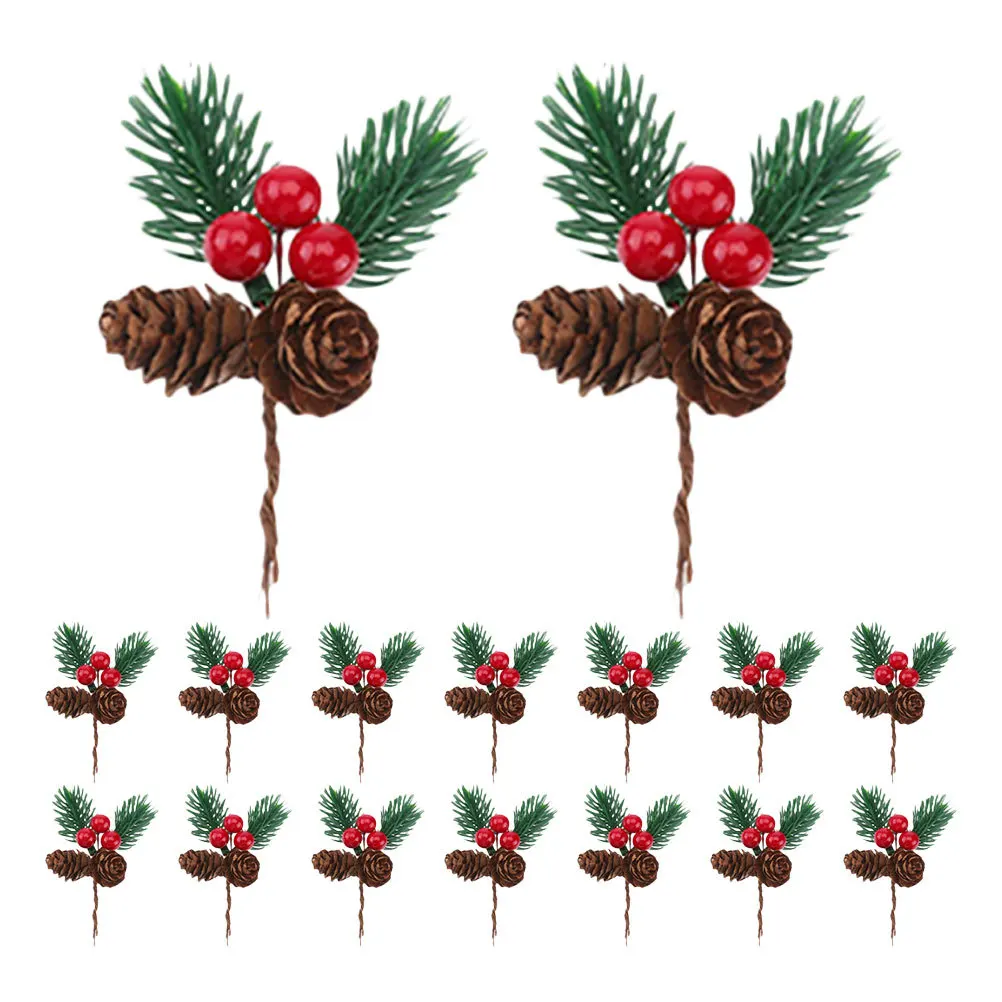 

30pcs Christmas Decorations Artificial Pine Branches Red Berries Pine Cones Faux Evergreen Stems For Wreaths Trees Garlands