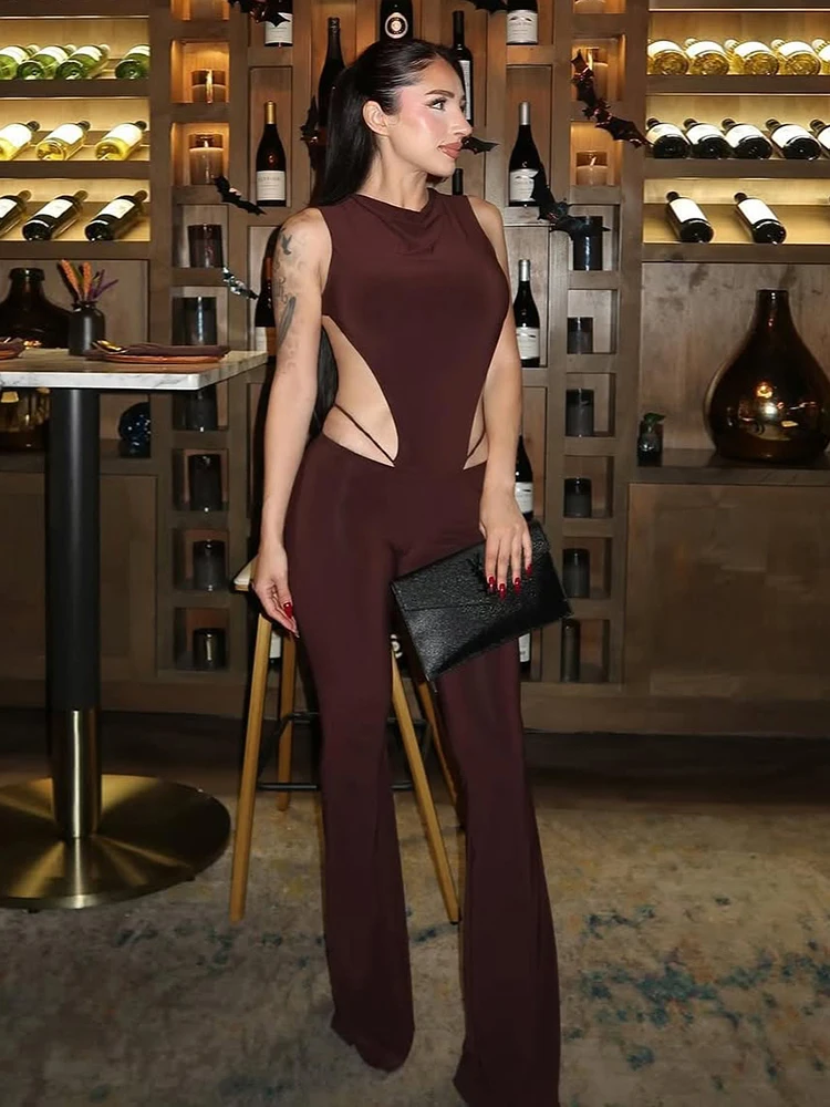 

Sisterlinda Hottie 2-Piece Set Women Backless Sleeveless Side Hollow Bodysuit+Flare Pants Matching Stretch Skinny Sexy Clubwear