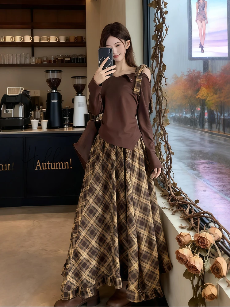 

Early Autumn plus Size Women's Outfit with Shoulder Bows Long Sleeve Plaid Skirt Slimming Effect Fashion Set High Waist