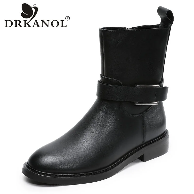 

DRKANOL Fashion Women Western Boots 2025 Winter Genuine Leather Calfskin Zipper Street Style Thick Heel Warm Mid Calf Boots Lady