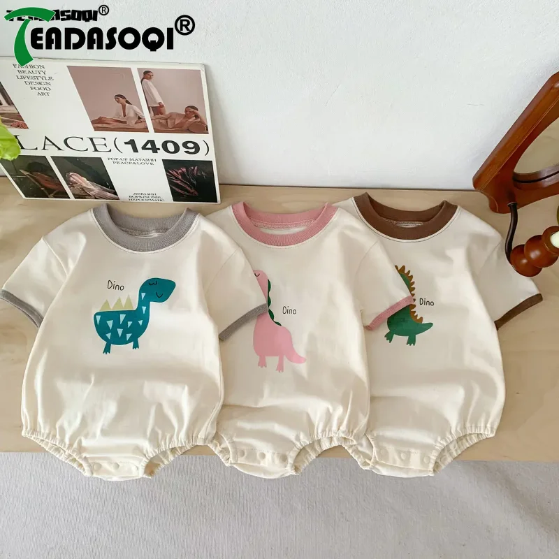 

0-24M Summer Newborn Infant Boys Creeper Korean Kids Baby Short Sleeve Bodysuit Cartoon Dinosaur Print Wrap Hip Romper