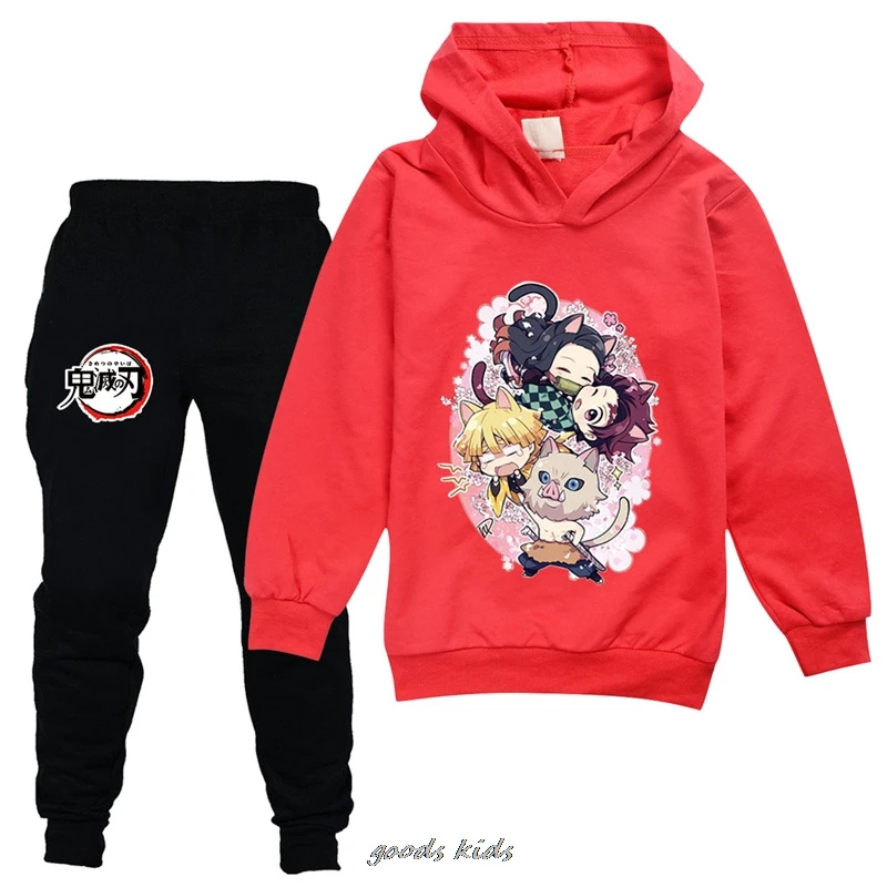 Hot Demon Slayer Spring Children Sweater Hoodie Set 2-16 Year Old Casual Fashion Printed Anime Large Children's Sports Top+Pants