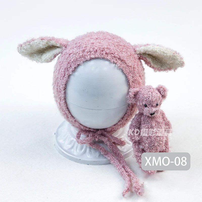 Cappello lavorato a maglia neonato + bambola orsacchiotto 2 pezzi / set Puntelli per fotografia Orsacchiotto fatto a mano lavorato a maglia Stuffer per bambini Giocattolo animale Studio fotografico Prop