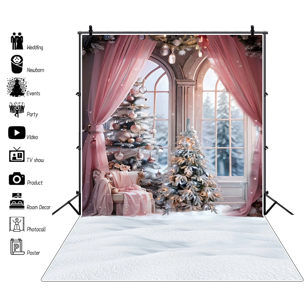 Winter Christmas Backdrop White Palace Wall Xmas Tree Gift Fireplace Window Forest Kids Family Party Photography Background