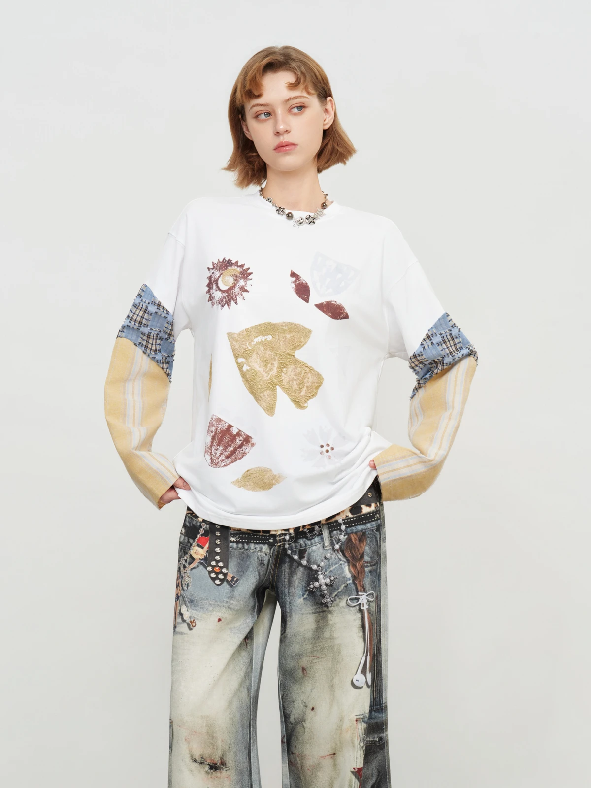 

Футболка Sofitte Long Sve T-irt Casual Daily ex с принтом и пэчворком, свободного кроя, для мужчин и женщин, весенняя, хлопковая, с круглым вырезом