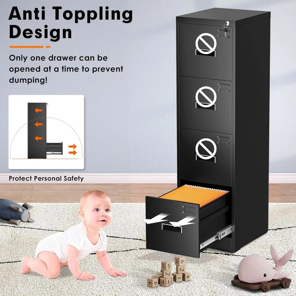 Archivador vertical de metal negro con 4 cajones bloqueables, colgante ajustable, gabinete de almacenamiento alto
