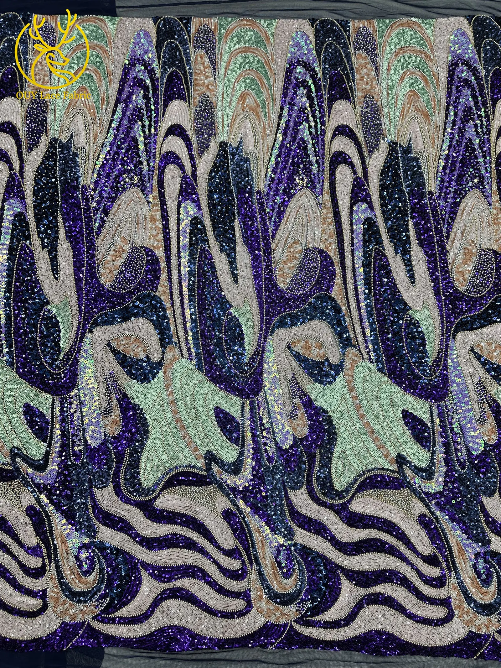 Wunderschöner Bunter Damen-Hochzeitskleiderstoff Handgefertigte Perlen-Stickerei Vollständig mit Pailletten Besetzter Afrikanischer Hochwertiger Spitzenstoff – Detail 12