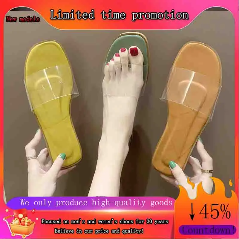 

New Summer New Fashion Slippers for Women Outer Wear Solid Color Casual Flat-bottom Lazy Sandals Flip Flop Shoes Transparent