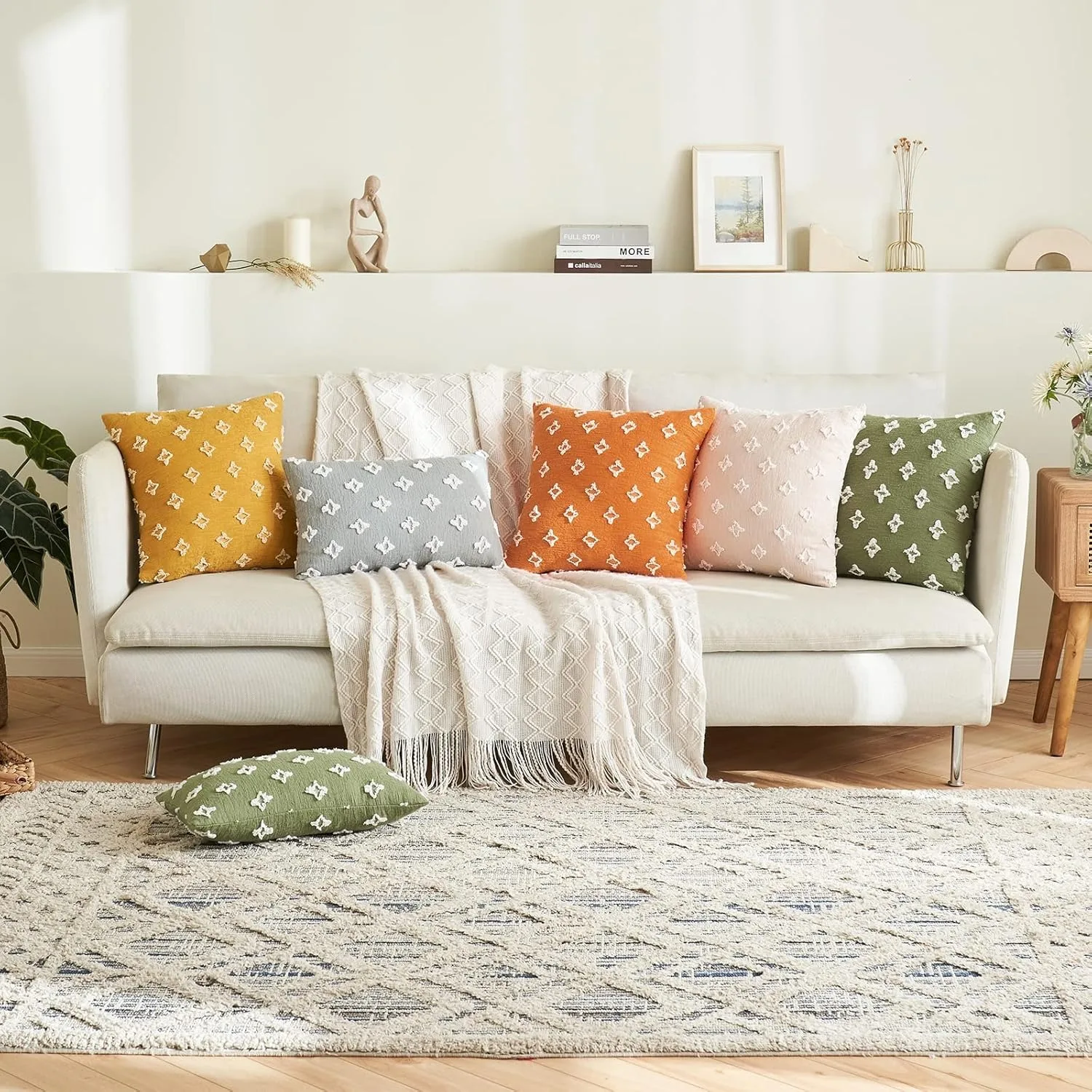 Boho White Plush Little Star Tufted Rhombic Jacquard Throw Pillow Covers Autumn Family Bedroom Living Room Sofa Cushion Cover