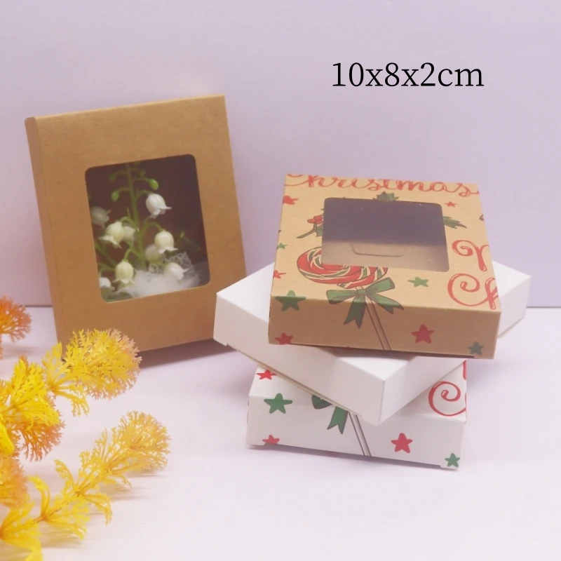 10pcs 10x8x2cm Christmas Gift Boxes, Paper Packaging Boxes, kraft Paper White Candy Faovrs with Window Packaging Boxes