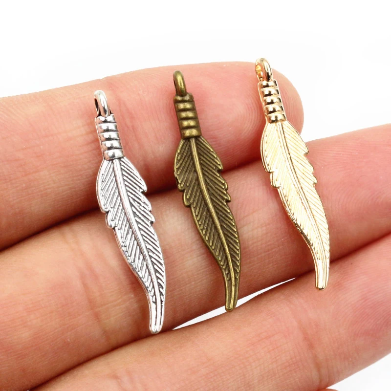 30pcs 31x6.5mm Feather Charms Pendants Bronze Antique Silver Plated KC Gold DIY Jewelry Making Findings for Necklace Bracelet