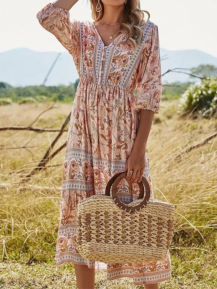 Estate Boho lungo donna moda stampa scollo a V mezza manica abito in cotone elegante casual abiti da spiaggia a vita alta abiti