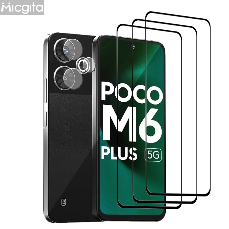 Película de vidrio templado mejorada para Poco M6 Plus 5G, película de pantalla de 6,79 ", Protector completo, película de cámara de fibra suave para POCO M6 Plus