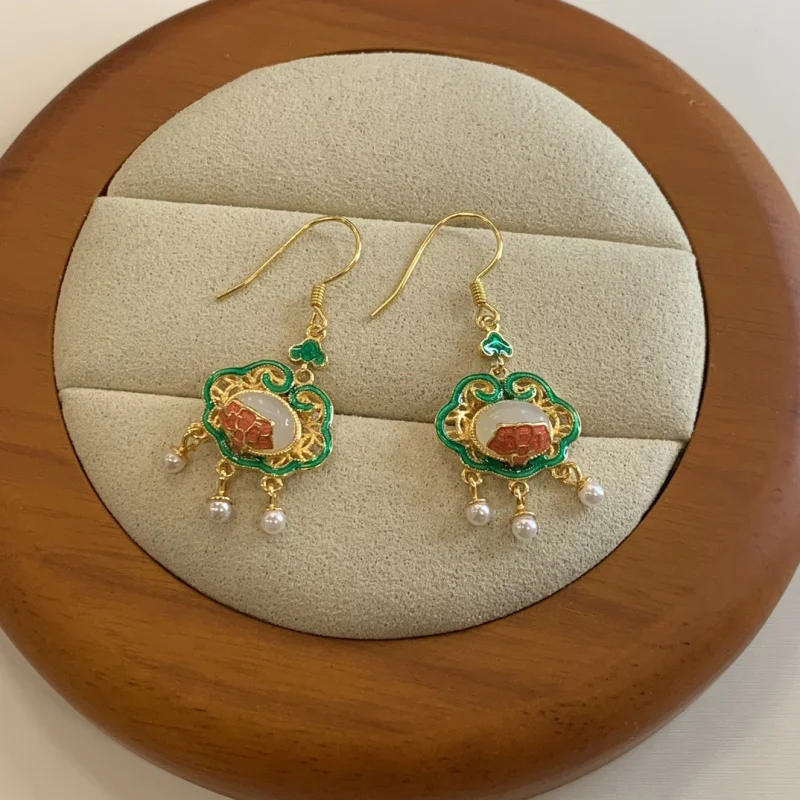

S925 Sterling Silver Inlaid With Natural Hetian Jade Enamel Ruyi Earrings Women