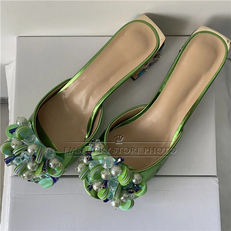 Bling Sequins Pearl Beads Flower Sandals Women Colorful Rhinestone Square Heel Patent Leather Slingbacks Mules Summer